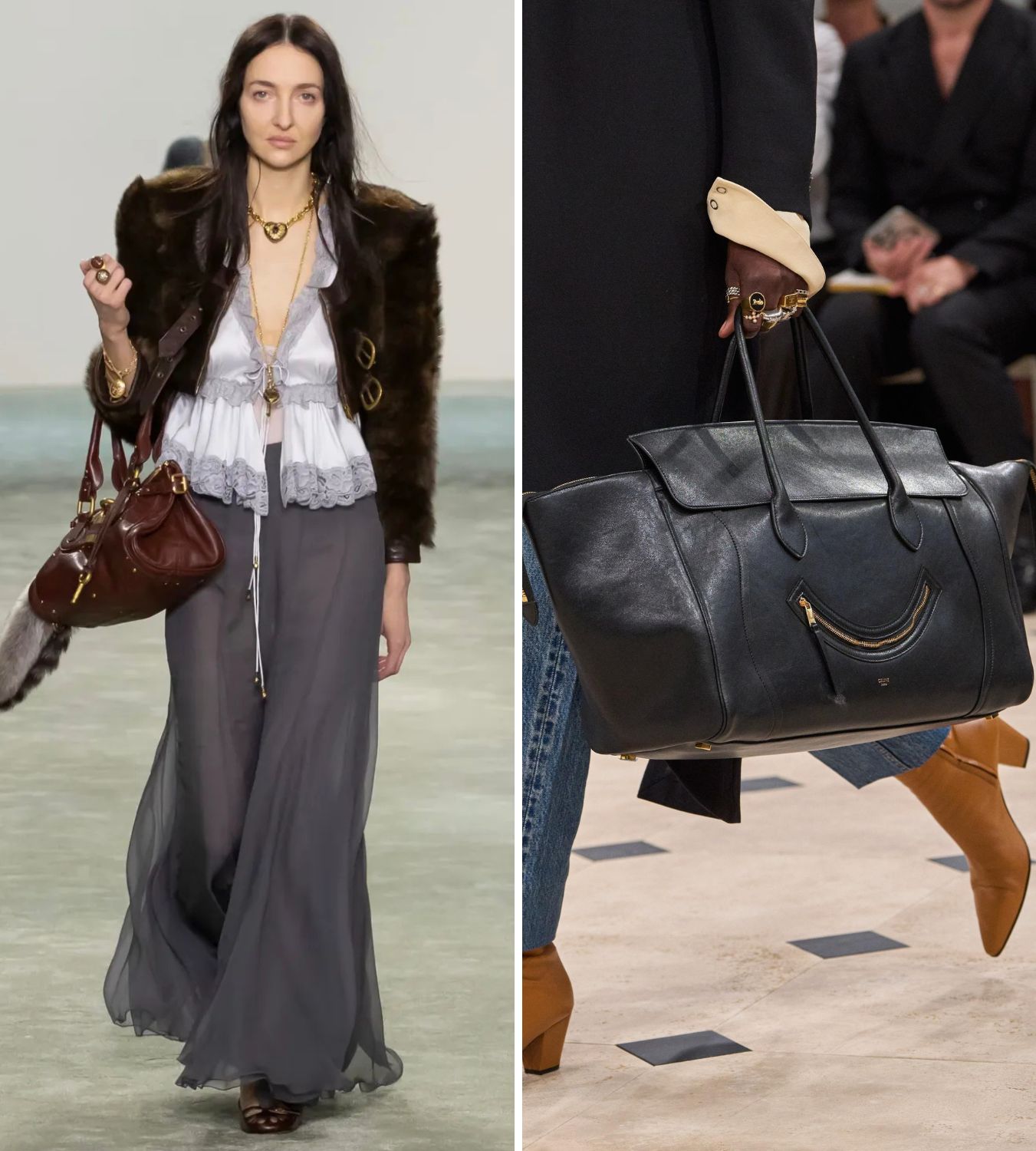 tish weinstock carries a chloe paddington bag during the aw25 show; a model carries celine's new luggage bag during the spring 2026 show