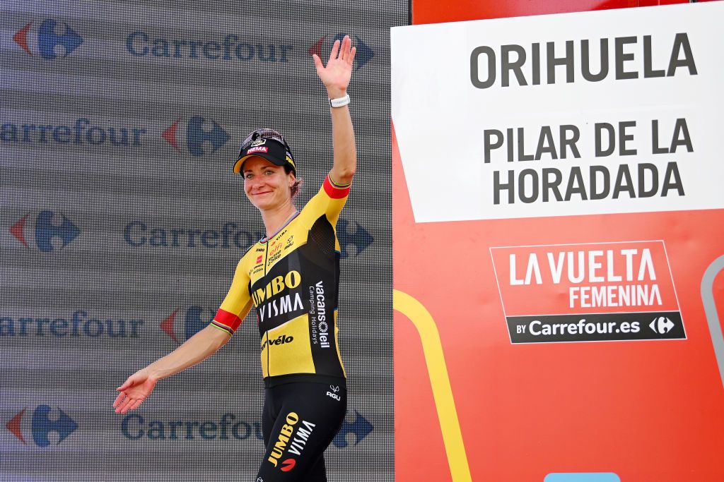PILAR DE LA HORADADA SPAIN MAY 02 Marianne Vos of The Netherlands and Team JumboVisma celebrates at podium as Red Leader Jersey winner during the 9th La Vuelta Femenina 2023 Stage 2 a 1058km stage from Orihuela to Pilar de la Horadada UCIWWT on May 02 2023 in Pilar de la Horadada Spain Photo by Dario BelingheriGetty Images