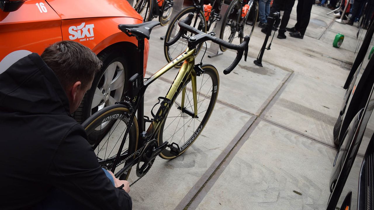 "Unlike many of his peers, Greg Van Avermaet is sticking with rim brakes for the cobbled Classics"