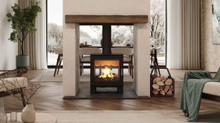 A double sided log burner in a spacious modern lounge