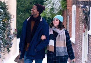 First look! This Christmas on Sky Cinema in 2022 stars Alfred Enoch and Kaya Scodelario as Adam and Emma.