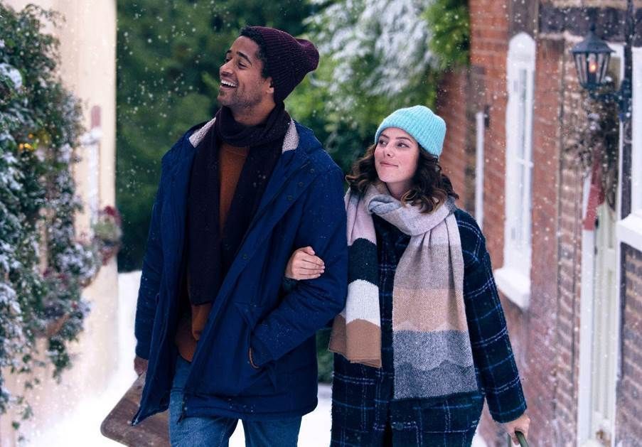 First look! This Christmas on Sky Cinema in 2022 stars Alfred Enoch and Kaya Scodelario as Adam and Emma.