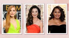Jessica Chastain is picture with a side-swept hairstyle at the 75th Primetime Emmy Awards at Peacock Theater on January 15, 2024 , alongside a picture of Michelle Yeoh with a curly, side-swept hairstyle at the Golden Globes 2024 and finally, a picture of Angela Bassett with a curly, side-swept hairstyle at the 81st Annual Golden Globe Awards at The Beverly Hilton on January 07, 2024 in Beverly Hills, California/ in a pink watercolour template