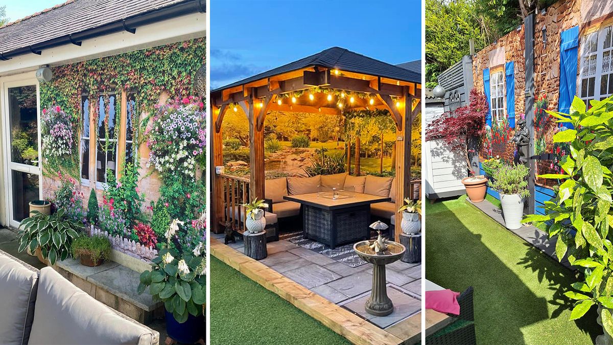 Trio of images of shower curtains used in gardens