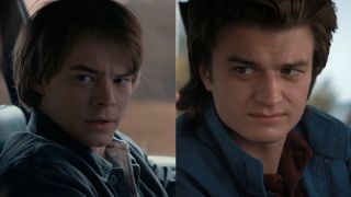 At separate points in Season 2 of Stranger Things, Jonathan and Steve talk to Nancy from the driver's seat of a car.