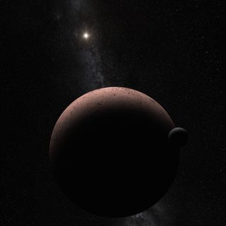 Artist’s illustration of Makemake, a dwarf planet in the Kuiper belt. Nearby is its moon, MK 2. Off in the distance: the Sun.