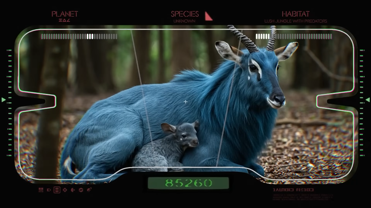 A Star Wars: Field Guide screenshot, showing a blue antelope with its blue antelope young.