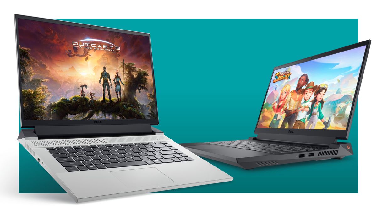 The Dell G15 and G16 gaming laptops on a teal deals background.