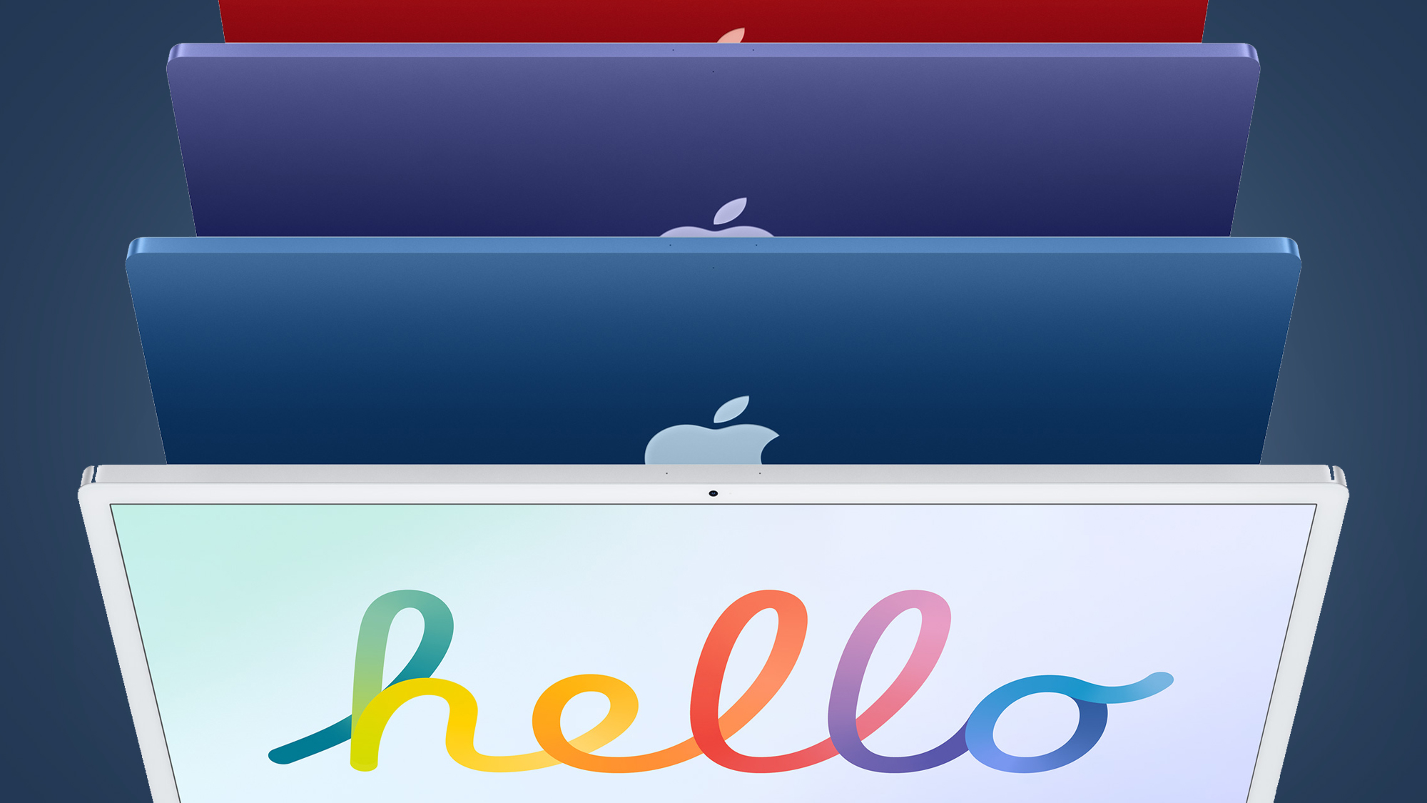 Several Apple iMac colors back to back on a blue background