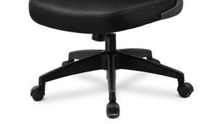 Detail of an ergonomic office chair showing its base with five casters