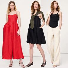 Models wear BR clothing. One wears a red dress. Another wears linen pants and black top, and the last one wears a black mini dress.