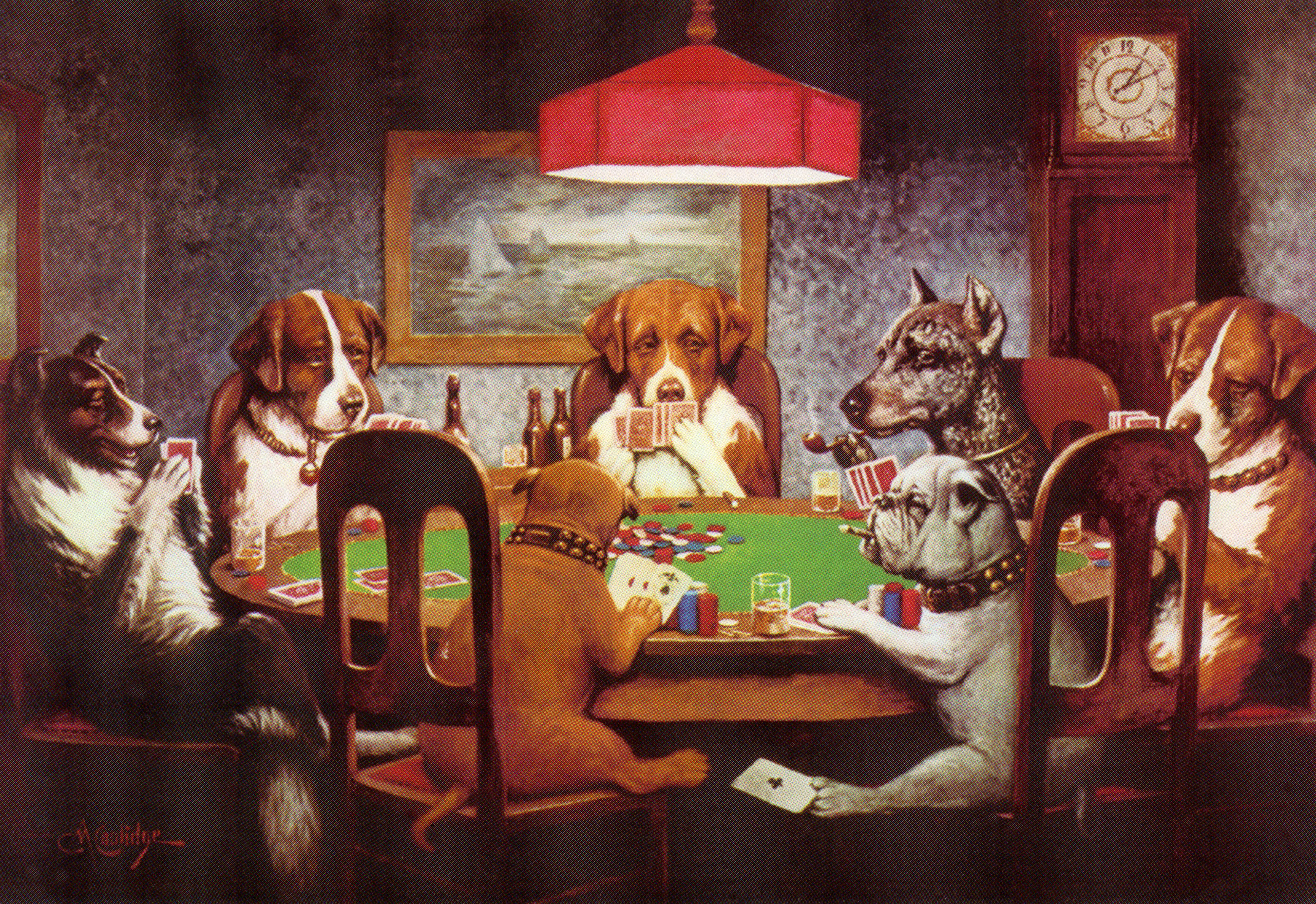 A painting of some dogs playing poker. Some are smoking, some are drunk, they all seem bad at the game
