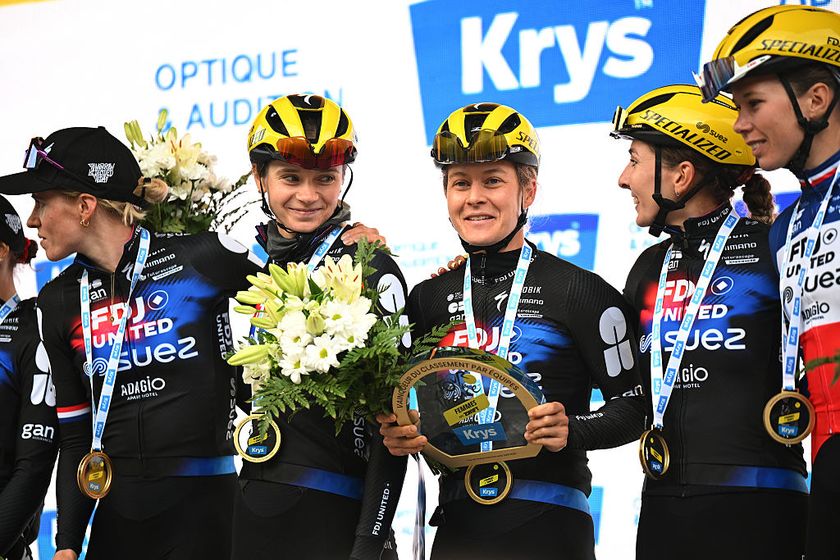 CHATEL LES PORTES DU SOLEIL, FRANCE - AUGUST 03: (L-R) Demi Vollering of Netherlands, Evita Muzic of France, Amber Kraak of Netherlands and Juliette Labous of France and Team FDJ - SUEZ celebrates at podium as best team during the 4th Tour de France Femmes 2025, Stage 9 a 124.1km stage from Praz-sur-Arly to Chatel Les Portes du Soleilon 1298m / #UCIWWT / August 03, 2025 in Chatel Les Portes du Soleil, France. (Photo by Szymon Gruchalski/Getty Images)