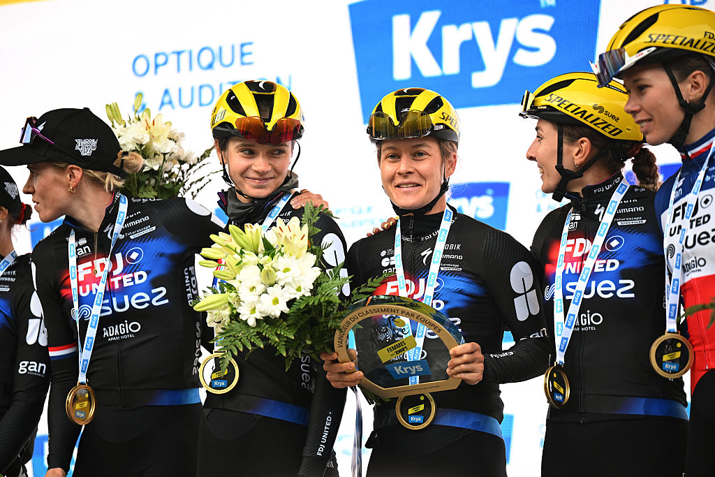 CHATEL LES PORTES DU SOLEIL, FRANCE - AUGUST 03: (L-R) Demi Vollering of Netherlands, Evita Muzic of France, Amber Kraak of Netherlands and Juliette Labous of France and Team FDJ - SUEZ celebrates at podium as best team during the 4th Tour de France Femmes 2025, Stage 9 a 124.1km stage from Praz-sur-Arly to Chatel Les Portes du Soleilon 1298m / #UCIWWT / August 03, 2025 in Chatel Les Portes du Soleil, France. (Photo by Szymon Gruchalski/Getty Images)