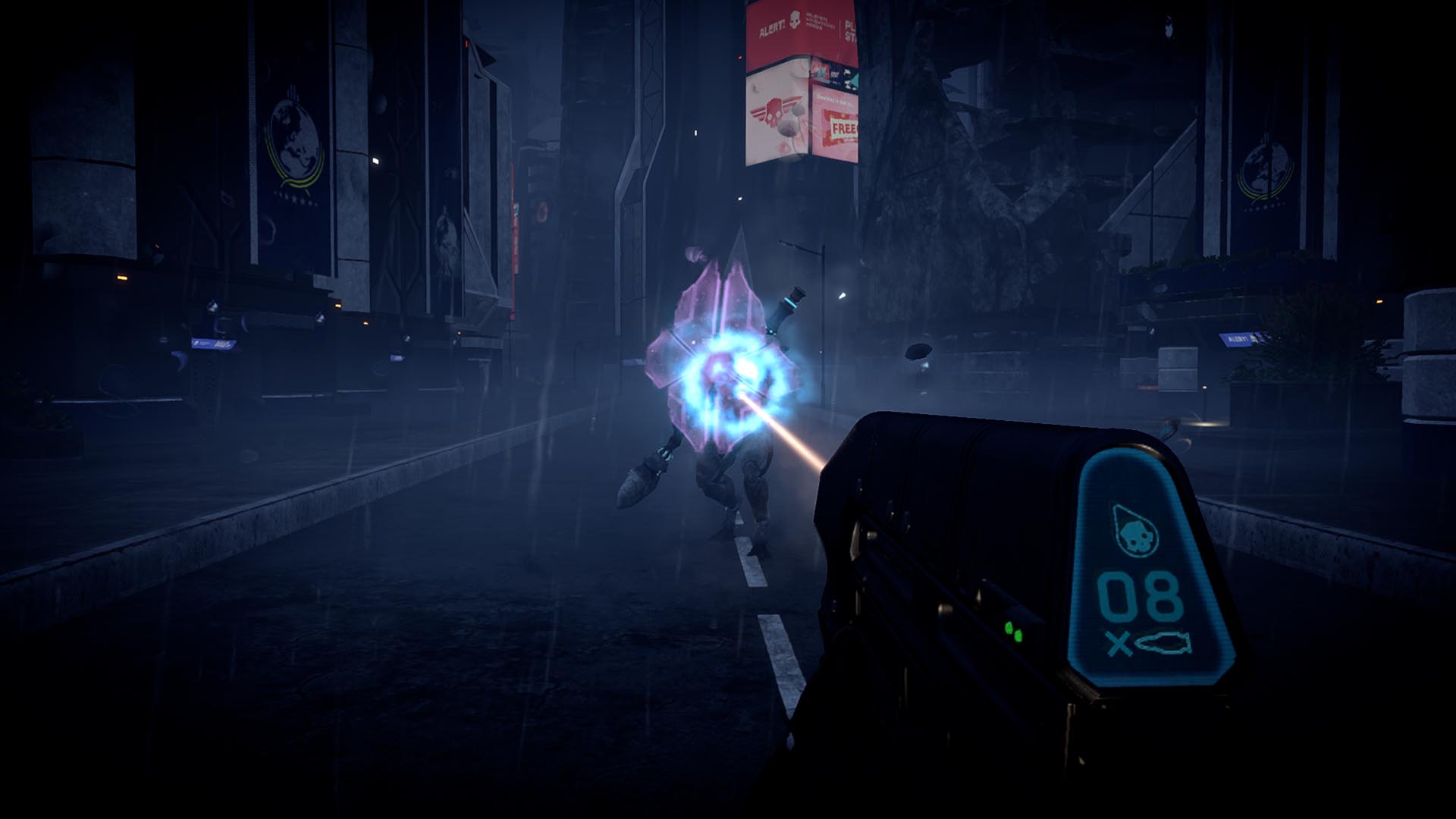 Firing a Halo gun at an enemy in Helldivers 2