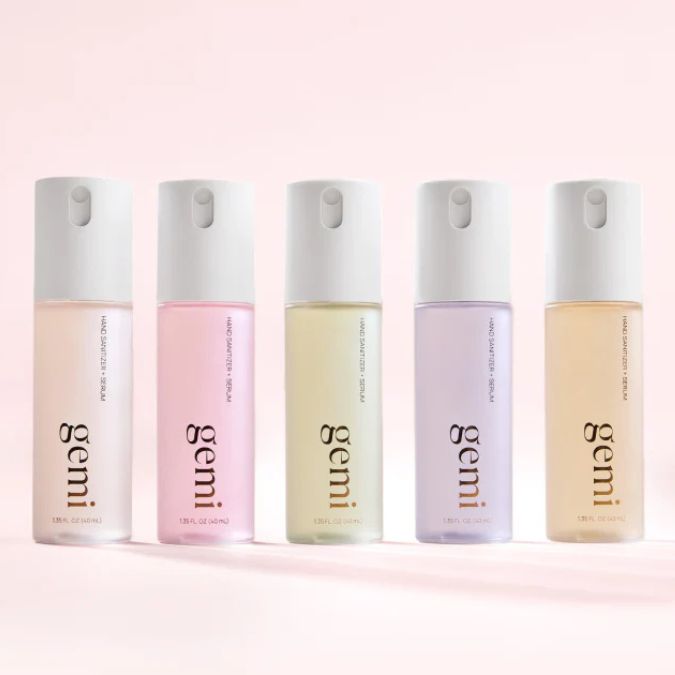 Five bottles of Gemi hand sanitizer and serum
