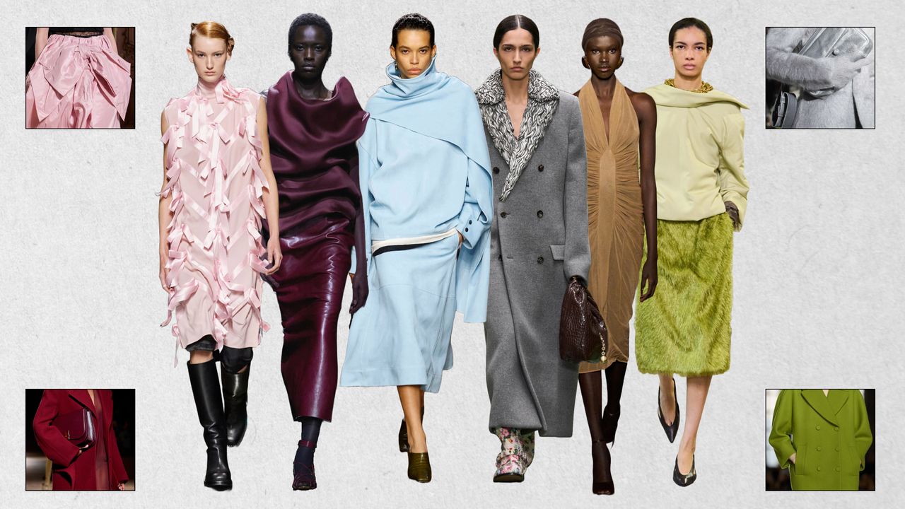 A collage of fall 2024 color trends, including pink, merlot, baby blue, gray, camel, and green at Coach, Ferragamo, Prada, Khaite, Bottega Veneta, Loewe, Saint Laurent, Carven, Marni, Gucci