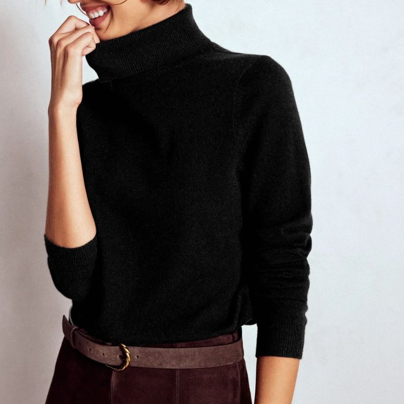 Eva Cashmere Roll Neck Jumper on model 