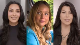 Kim Kardashian and Kourtney Kardashian (left, right) are shown on The Kardashians, while Jennifer Lawrence (center) is shown in No Hard Feelings.