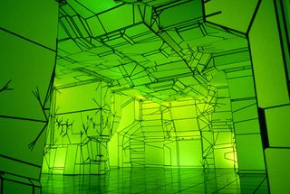 Installation at the Rice Gallery. The gallery is filled with a green light with black lineart on the walls and the ceiling.