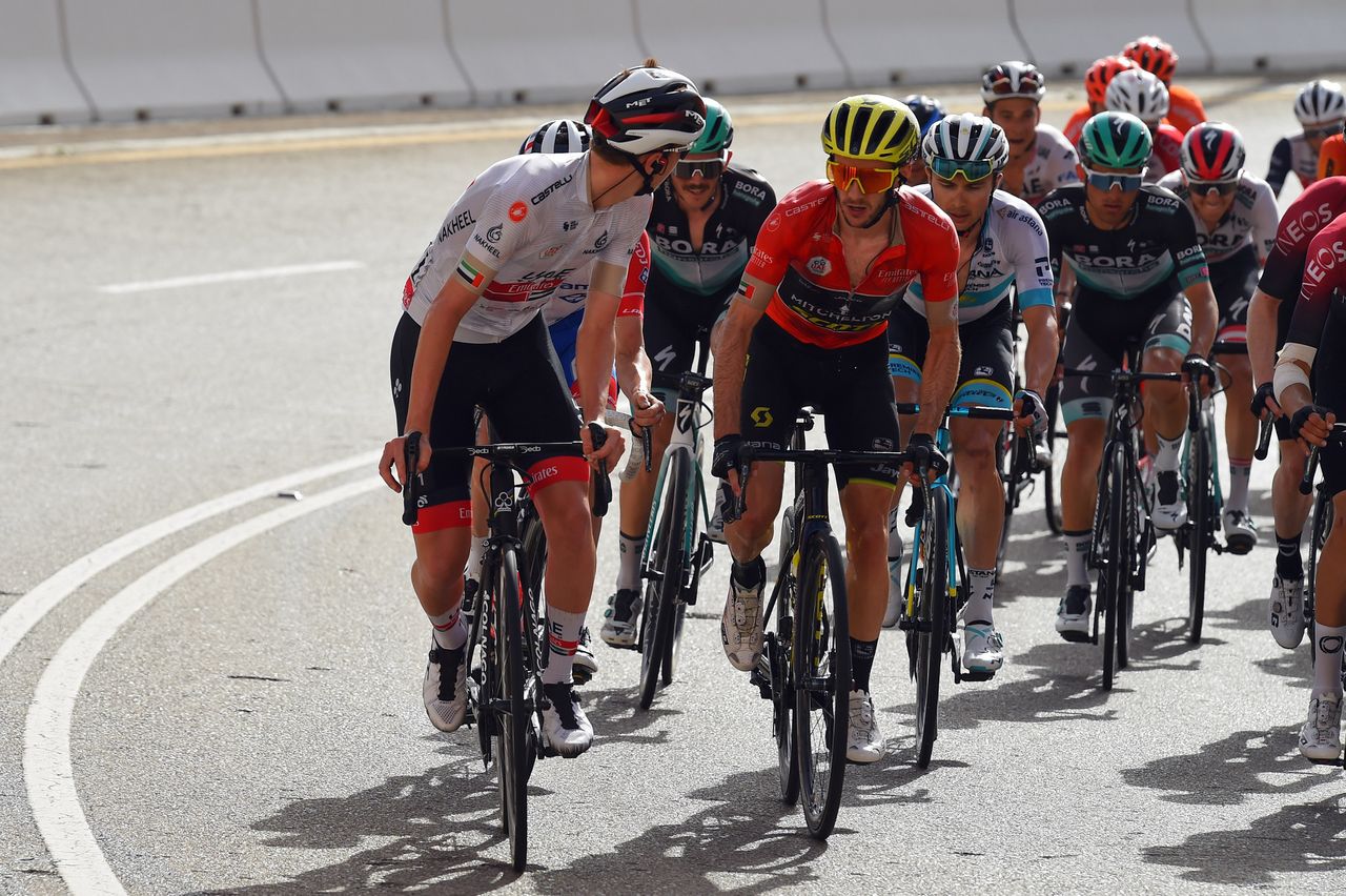 Tadej Pogačar (UAE Team Emirates) studies Adam Yates (Mitchelton-Scott) before attacking