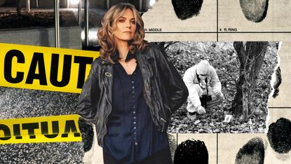 Hilarie Burton Morgan in front of a true crime collage