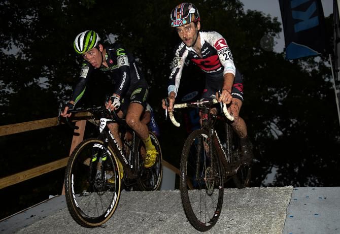 Curtis White (Cannondale) and Justin Lindine (Redline) showing the effects of riding in mud