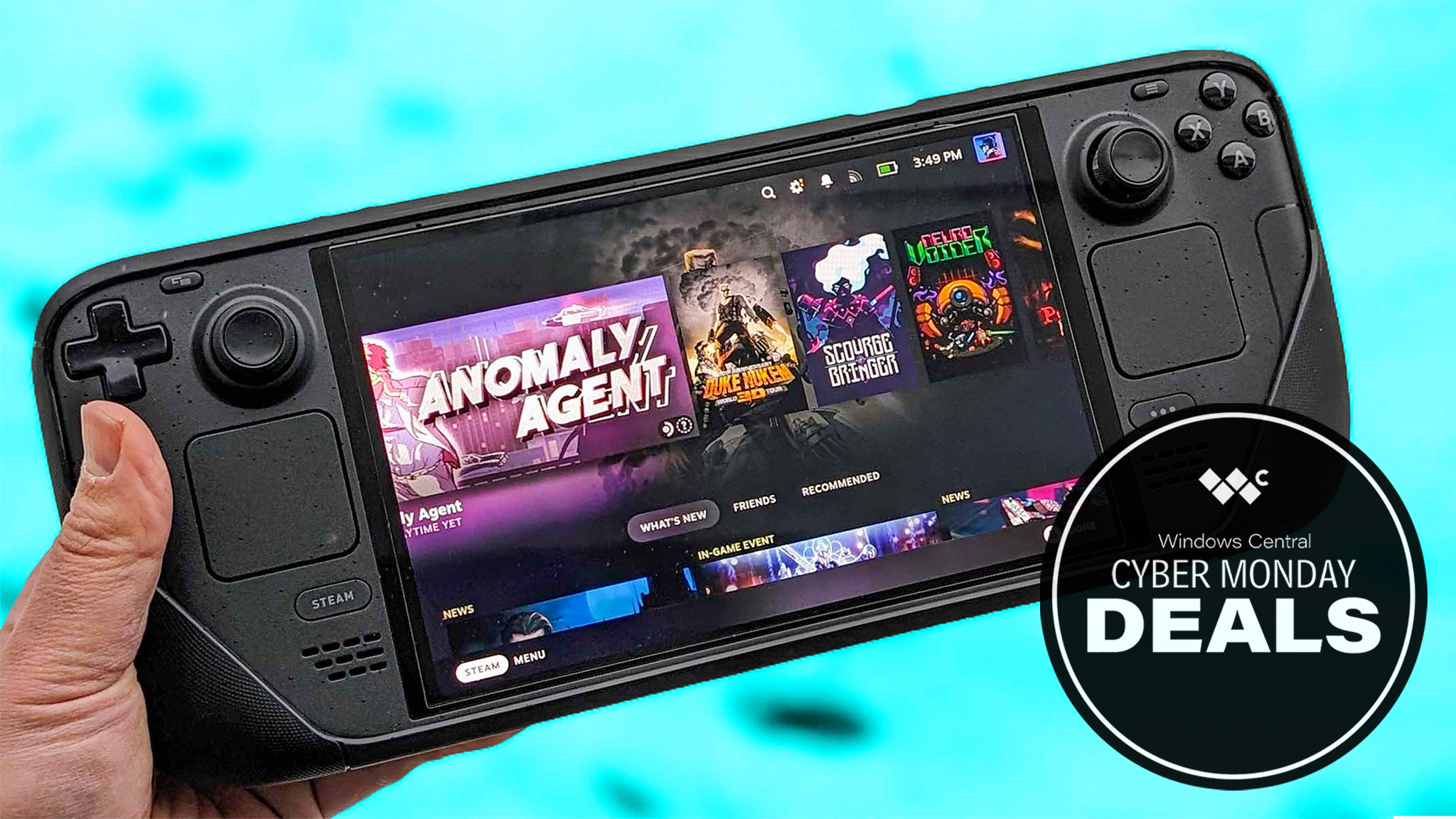 A hand holding the Steam Deck. A graphic on the bottom right corner says, "Windows Central Cyber Monday Deals."