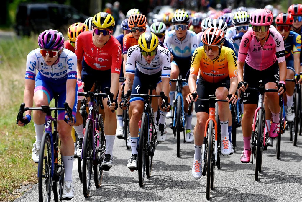 RODEZ FRANCE JULY 26 LR Marlen Reusser of Switzerland Lorena Wiebes of The Netherlands and Team SD Worx Protime Coralie Demay of France and Team St Michel Mavic Auber93 and Sara Poidevin of Canada and Team EF EducationTIBCOSVB compete during the 2nd Tour de France Femmes 2023 Stage 4 a 1771km stage from Cahors to Rodez 572m UCIWWT on July 26 2023 in Rodez France Photo by Tim de WaeleGetty Images