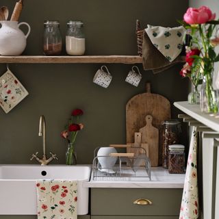 dark green kitchen with butlers sink