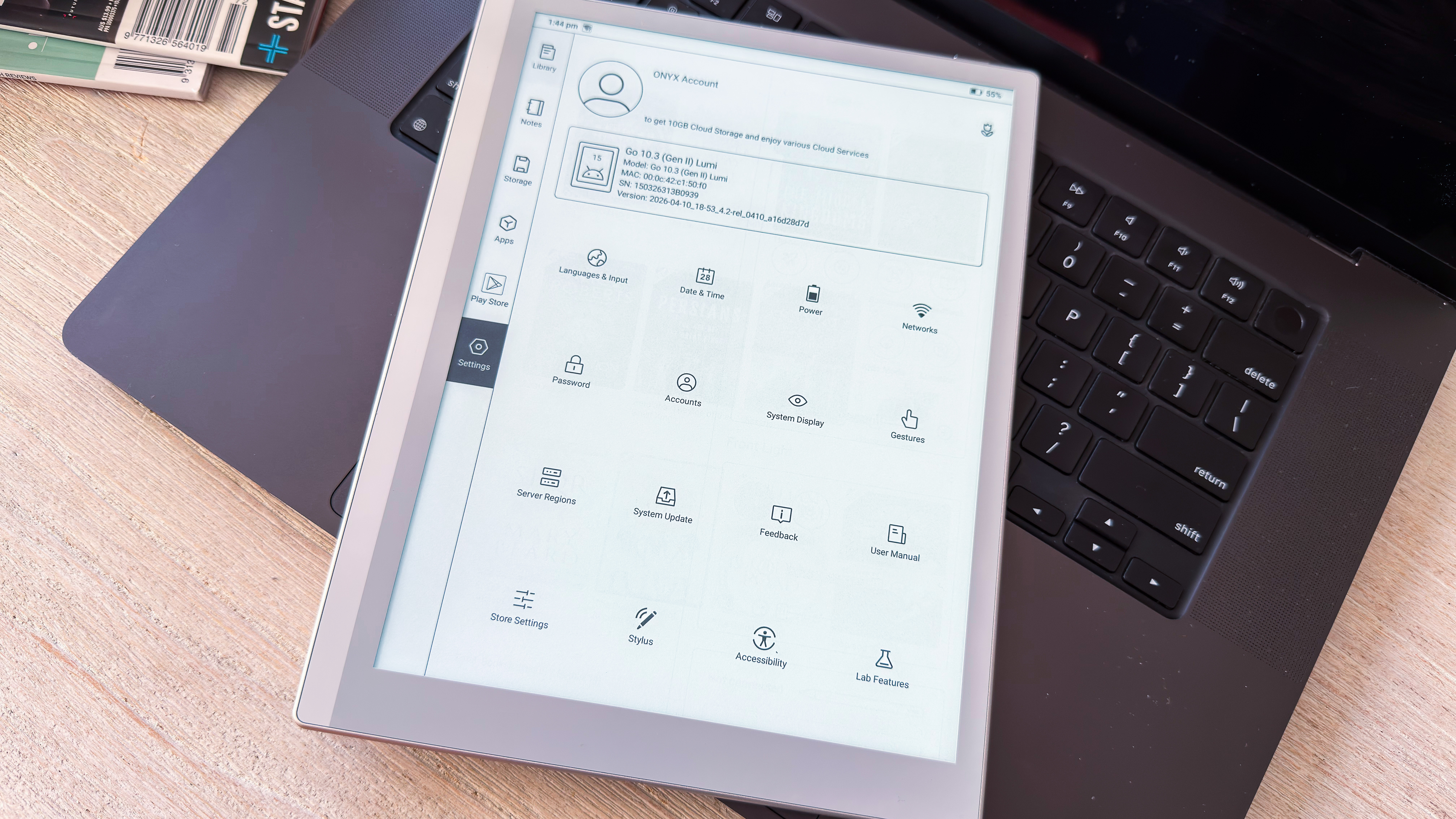 The settings pane on the Boox Go 10.3 (Gen II) Lumi