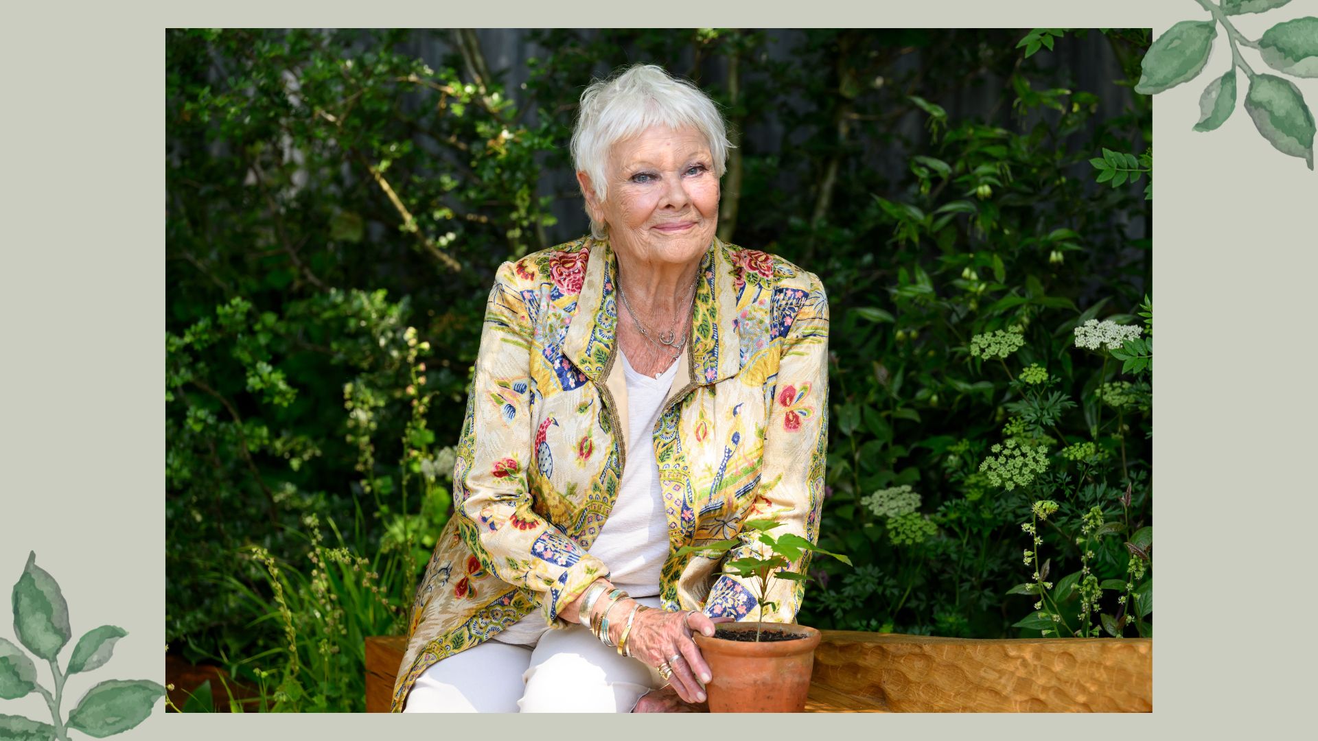 Judi Dench in a floral silk jacket and white trousers sat on a bench at the RHS Chelsea Flower Show