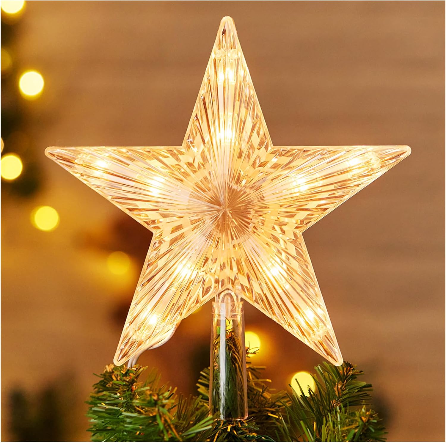 Christmas Tree Topper Lighted Star With Built-In 10 Replaceable Bulbs, 9.5&amp;rdquo; Clear Five-Pointed Star Tree Topper Plug in for Indoor Office Xmas New Year Holiday Tree Decoration, Warm White