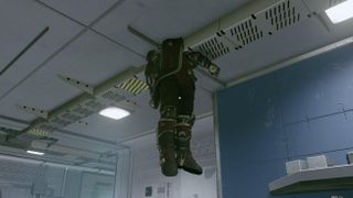 A defeated elite pirate clips through the ceiling and hangs there in Starfield.