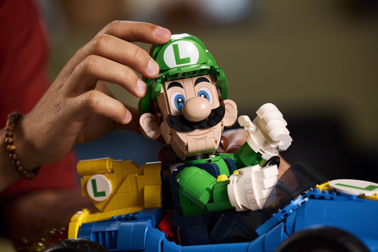 Different angles of the LEGO Luigi Mario Kart set