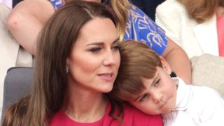 Catherine, Duchess of Cambridge and Prince Louis of Cambridge watch the Platinum Jubilee Pageant from the Royal Box during the Platinum Jubilee Pageant on June 05, 2022 in London, England.