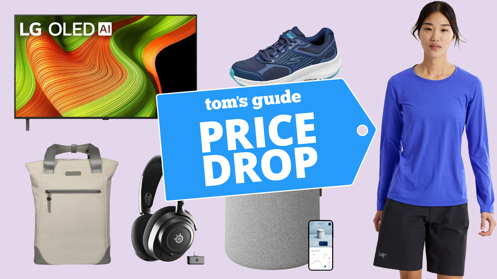 LG TV, Targus bag, Skechers shoe, Blueair purifier and woman wearing Arc'teryx apparel