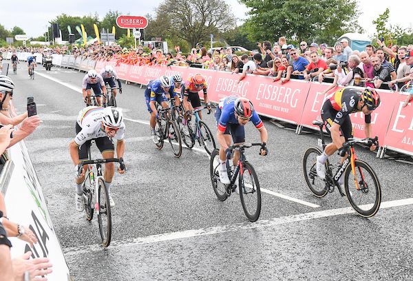 Picture by SWpix.com - 10/09/2021 - Cycling - AJ Bell Tour of Britain Stage 6 - Carlisle to Gateshead, England - Jumbo Visma's Wout van Aert (r) outsprints Deceuninck Quick-Step's Julian Alaphilippe (l) &amp; INEOS Grenadiers' Ethan Hayter (c) for the win at Tour 6 of the Tour of Britain.