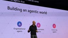Microsoft CEO Satya Nadella pictured on stage at the 2026 Microsoft AI Tour conference in London, UK.