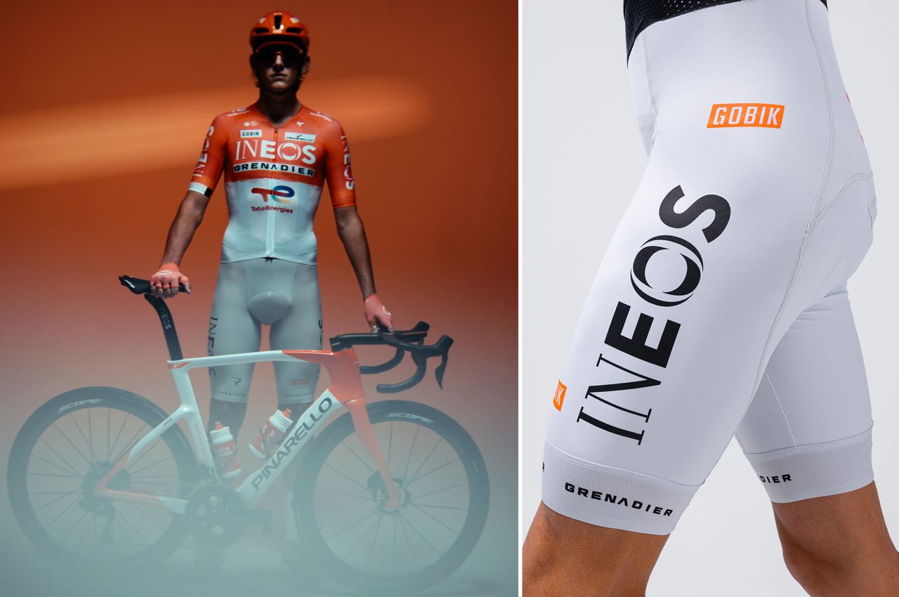 Josh Tarling wearing white Ineos Grenadiers bib shorts 