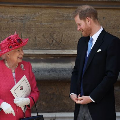 windsor, england may 18 queen elizabeth ii speaks with prince harry, duke of sussex as they leave after the wedding of lady gabriella windsor to thomas kingston at st george's chapel, windsor castle on may 18, 2019 in windsor, england photo by steve parsons wpa poolgetty images