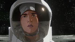 Milo Coy as Stan looking off camera in an astronaut suit on the moon.