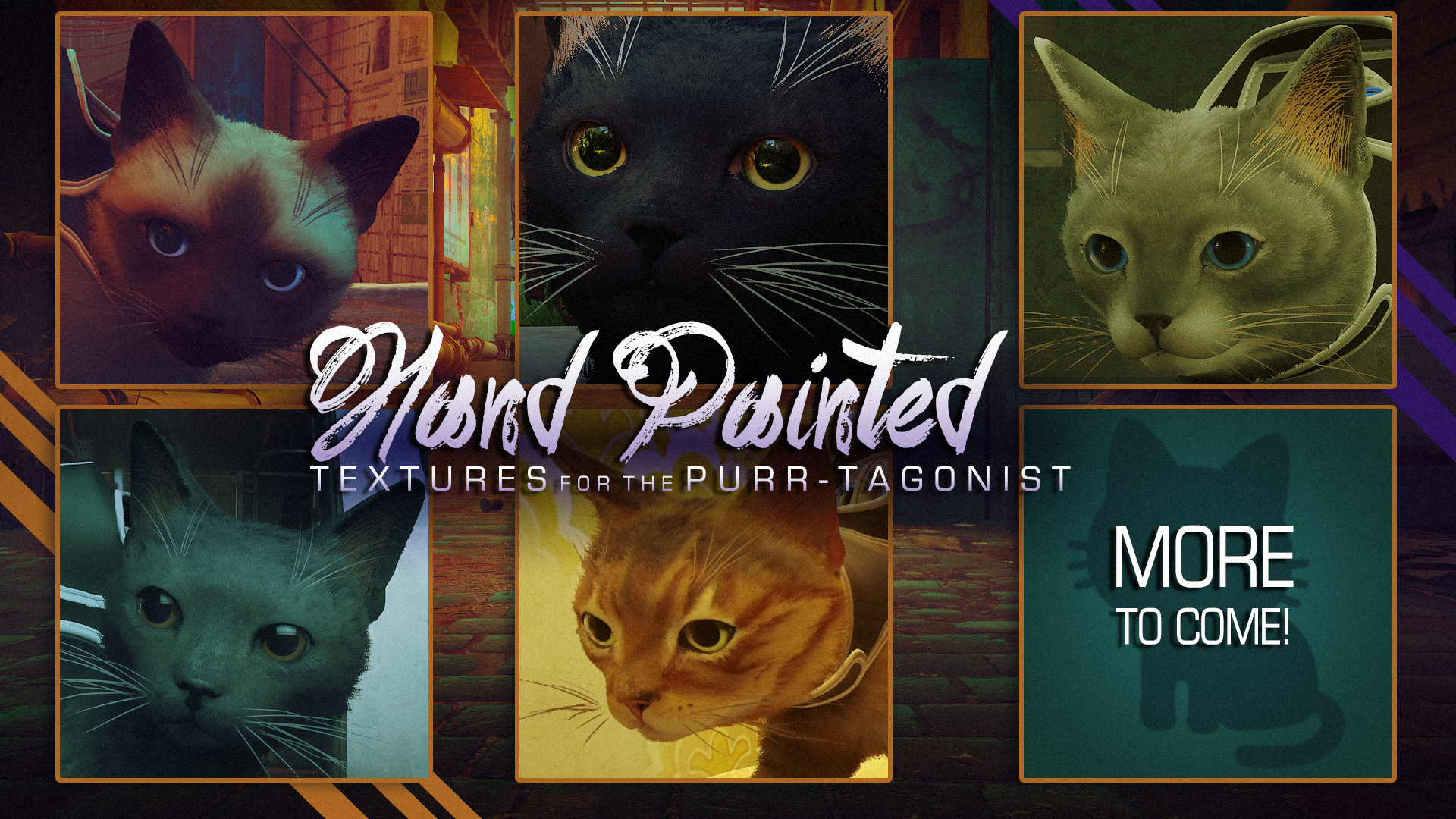 Portrait images of five different color cats from the neck up illustrating the different options available in this particular Stray mod