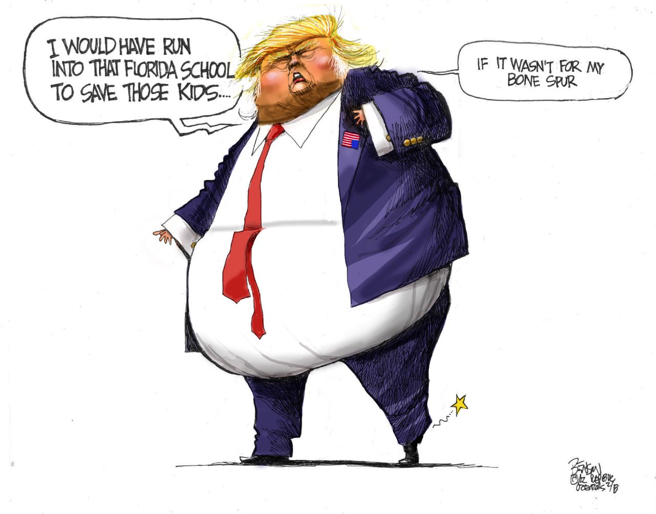 Political cartoon U.S. Trump heroism comments bone spurs