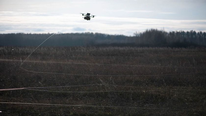 Fiber optic tethered drone in the air