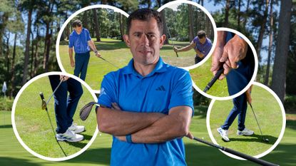Head shot of Dan Grieve, one of the world's best short game coaches, with five inset images of his 5 best chipping drills for amateur golfers