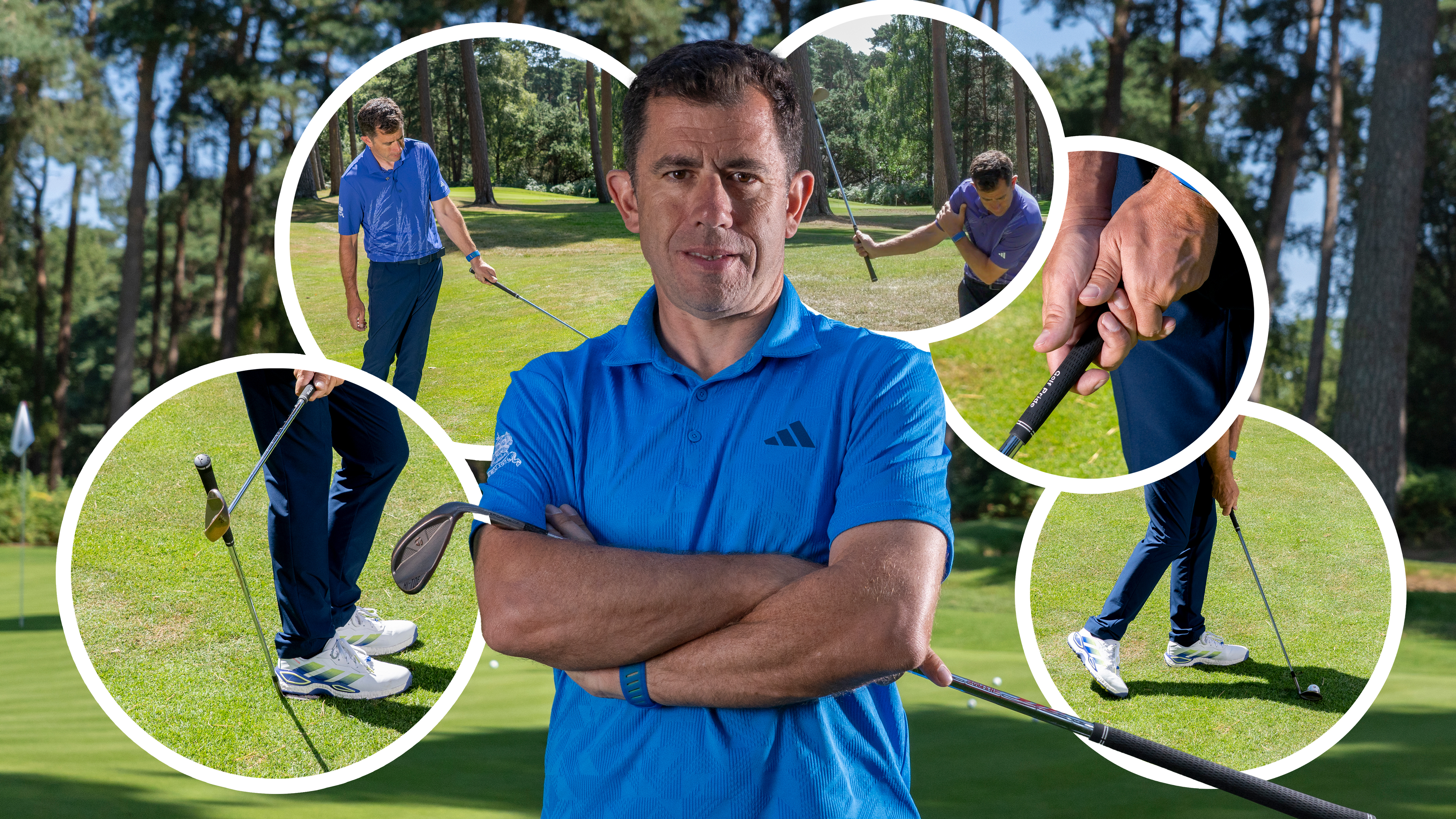 Head shot of Dan Grieve, one of the world's best short game coaches, with five inset images of his 5 best chipping drills for amateur golfers