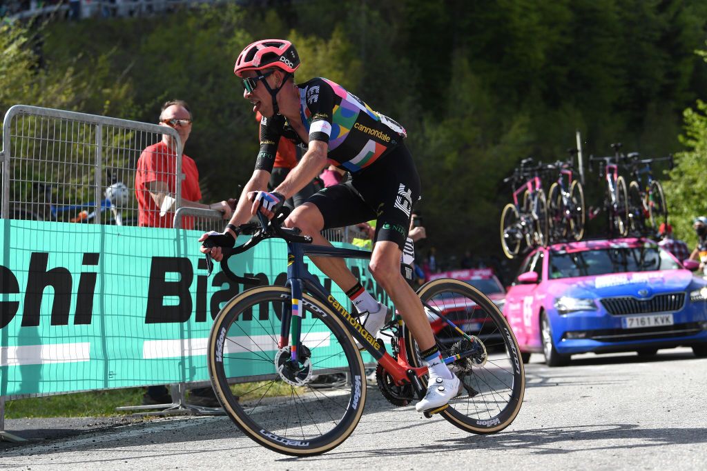 ALPE DI MERA VALSESIA ITALY MAY 28 Hugh Carthy of United Kingdom and Team EF Education Nippo during the 104th Giro dItalia 2021 Stage 19 a 166km stage from Abbiategrasso to Alpe di Mera Valsesia 1531m Stage modified due to the tragic events on May the 23rd 2021 that involved the Mottarone Cableway UCIworldtour girodiitalia Giro on May 28 2021 in Alpe di Mera Valsesia Italy Photo by Tim de WaeleGetty Images