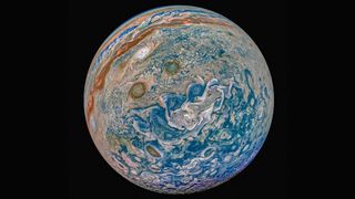 Jupiter goes psychedelic in this new, full-disk image from NASA's Juno spacecraft. Citizen scientist Prateek Sarpal created this view of Jupiter using data that the orbiter's JunoCam instrument collected during its 22nd perijove, or close approach, on Sept. 12. Sarpal named this creation, "A mind of limits, a camera of thoughts."