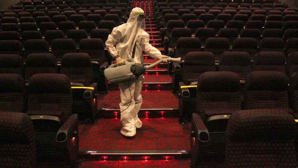 A cinema is disinfected during the COVID-19 pandemic.